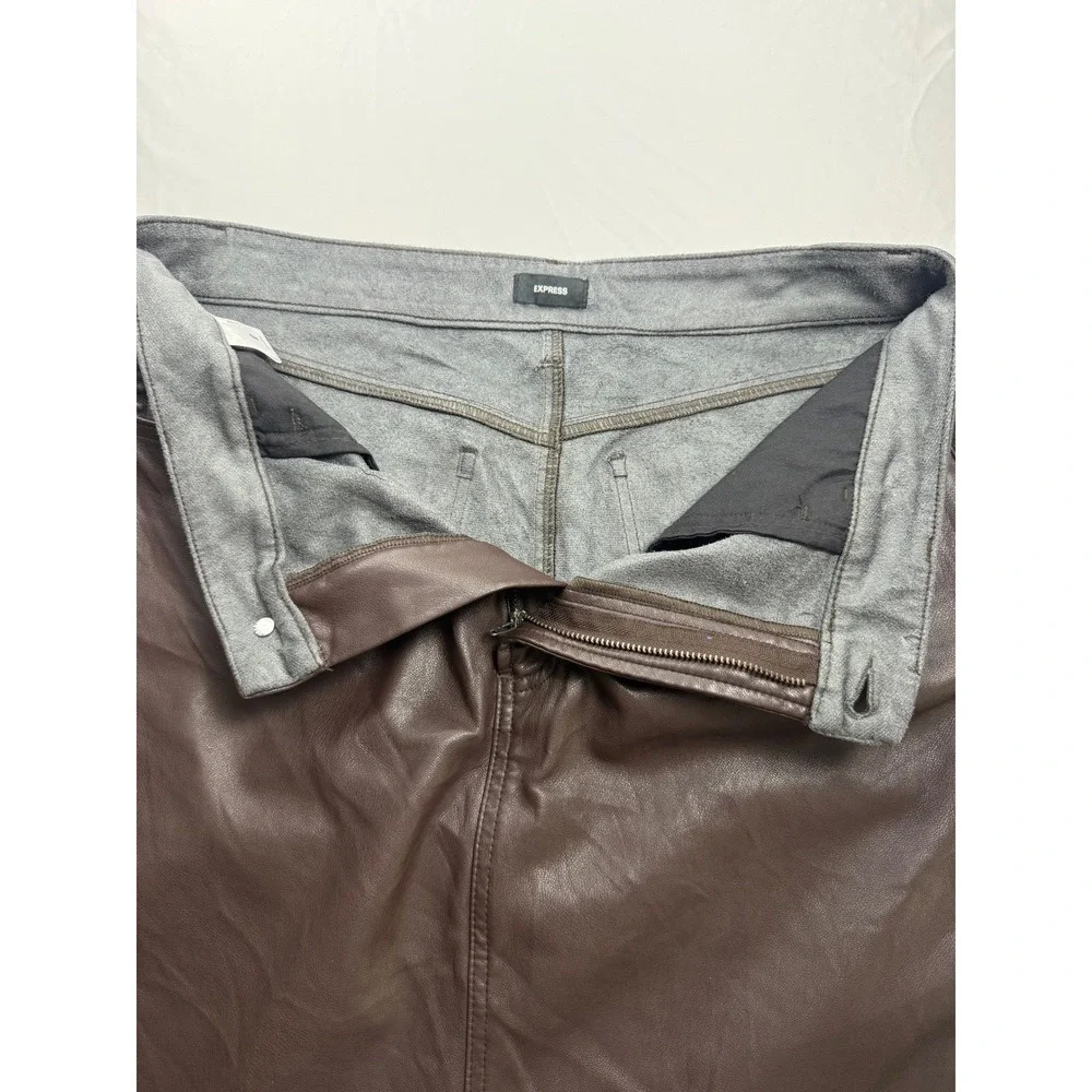 Express 12 Vegan Leather‎ Midi Skirt Brown Straight Front Slit